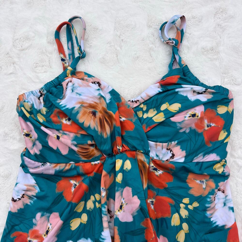 Garnet Hill Floral One Piece Swimsuit Ruched Overlay Teal Pink Orange 10 - Picture 4 of 7